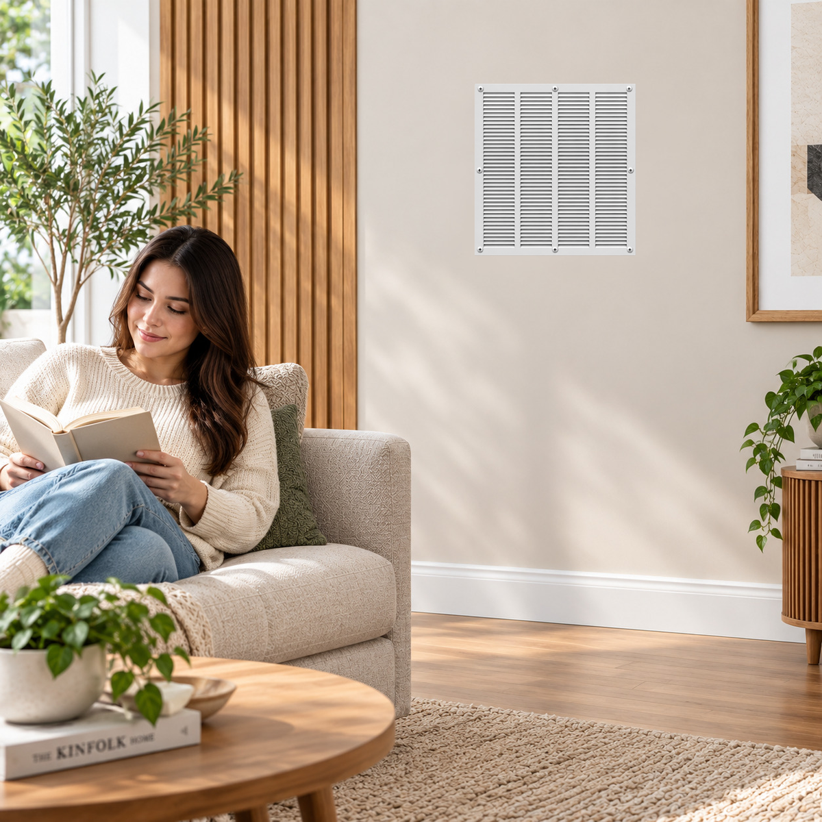 20" x 24" white steel HVAC air return grille installed on living room sidewall with woman relaxing on sofa.