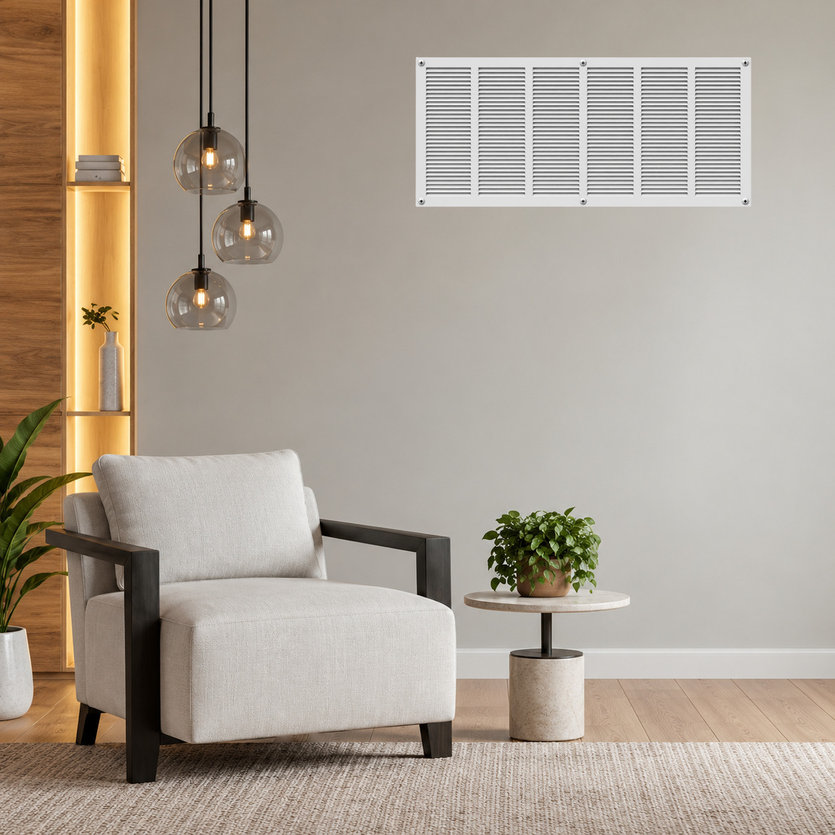 30" x 16" white steel air return grille with horizontal slats for sidewall and ceiling HVAC vent installed in a grey wall.
