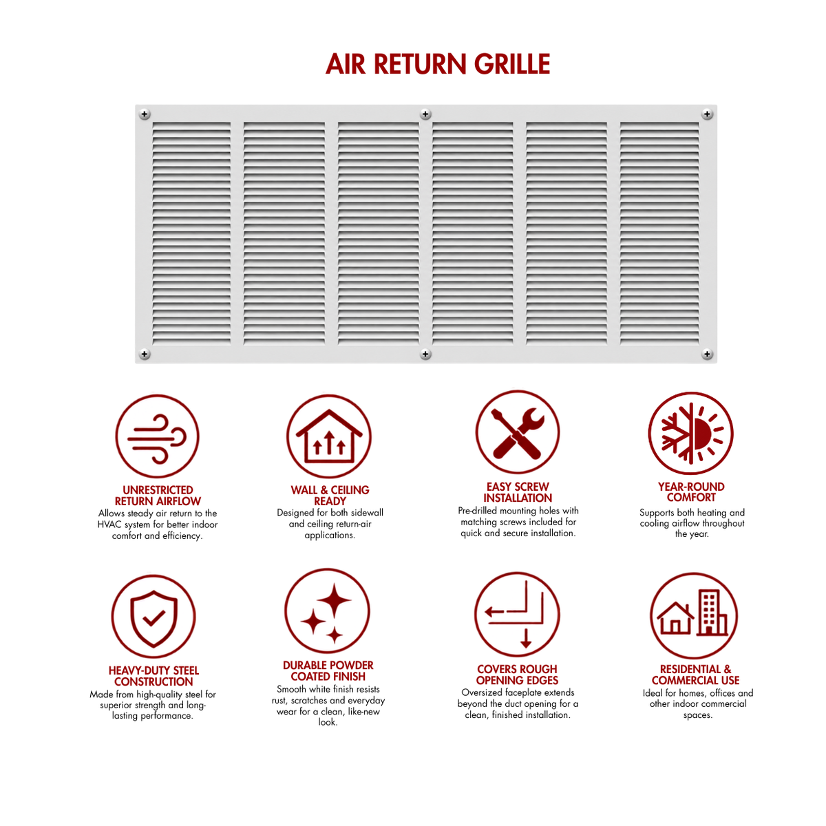 30" x 16" white steel air return grille for sidewall and ceiling HVAC vents with product benefits and feature icons.

