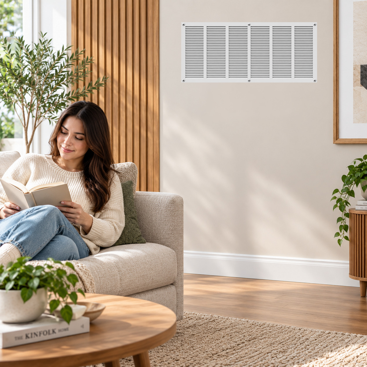30" x 16" white steel HVAC air return grille installed on living room sidewall with woman relaxing on sofa.