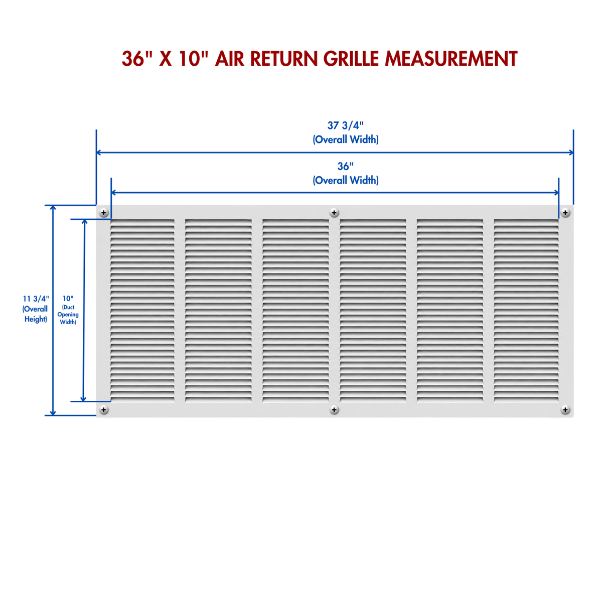 36" x 10" white steel air return grille measurement.
