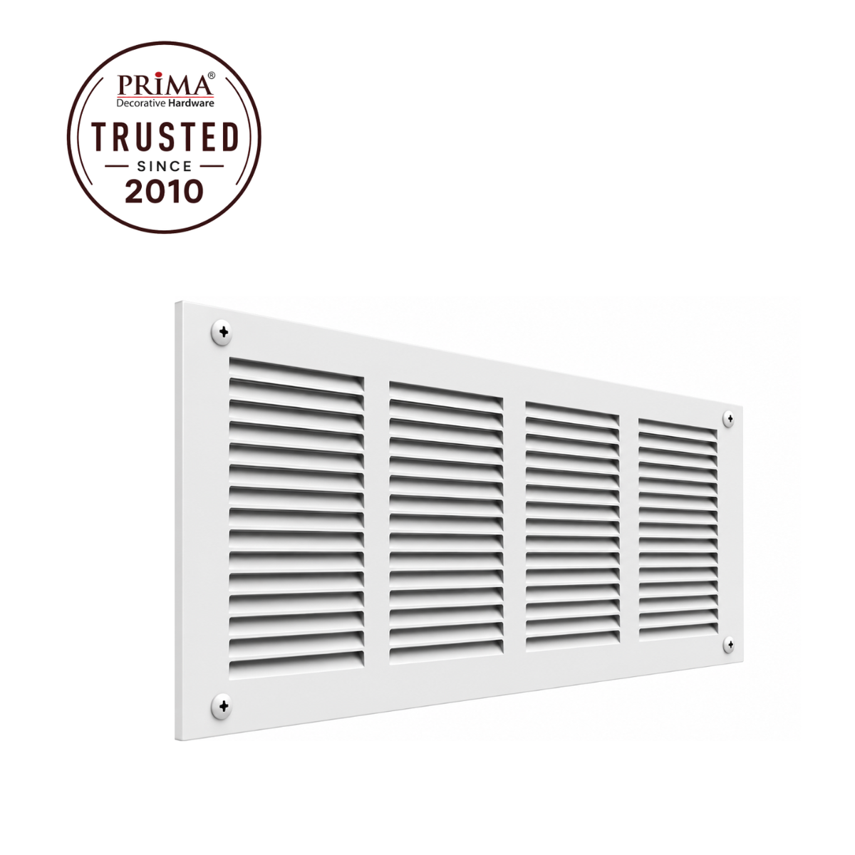 16" x 8" white steel air return grille with horizontal slats for sidewall and ceiling HVAC vent with trust badge.
