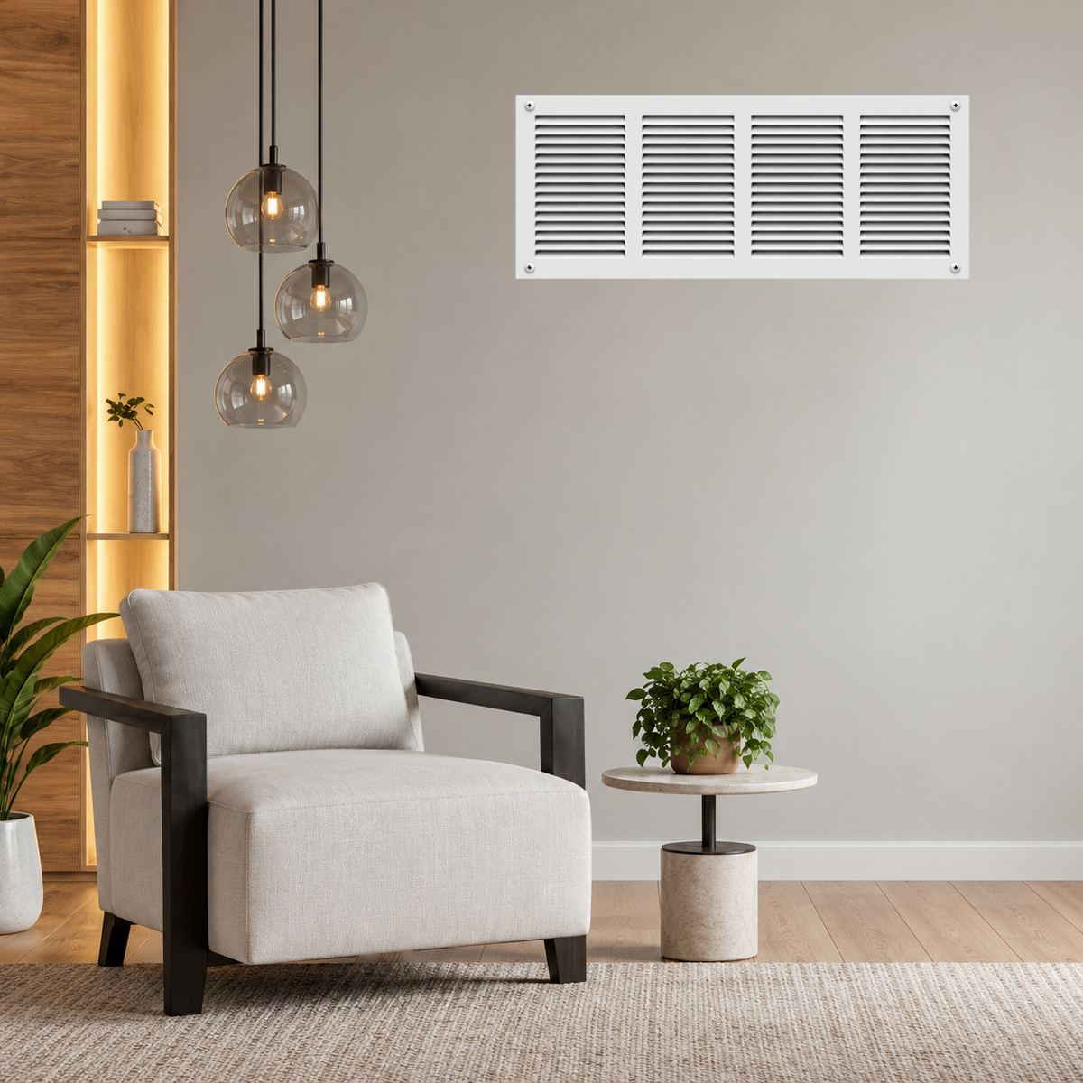 16" x 8" white steel air return grille with horizontal slats for sidewall and ceiling HVAC vent installed in a grey wall.
