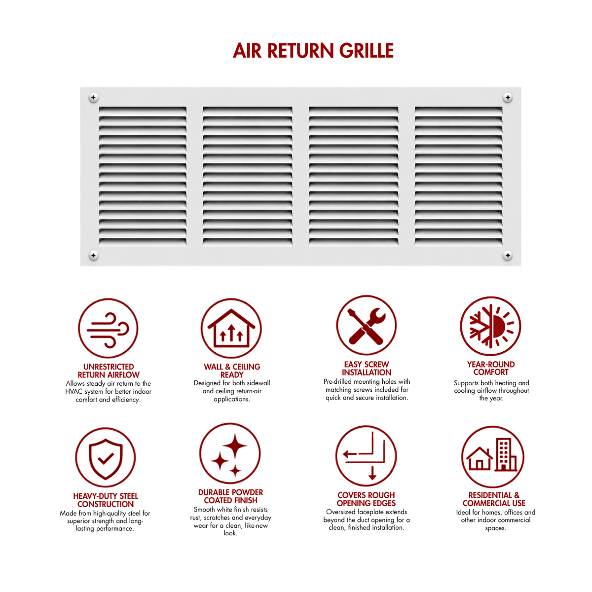 16" x 8" white steel air return grille for sidewall and ceiling HVAC vents with product benefits and feature icons.
