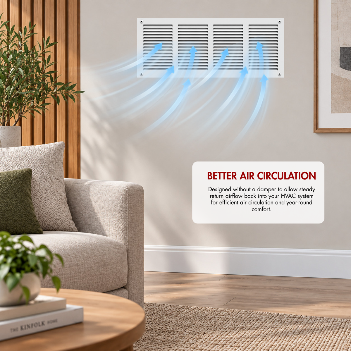 16" x 8" white steel air return grille installed on wall with airflow illustration for improved HVAC air circulation.

