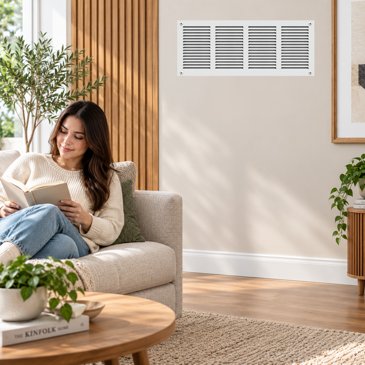 16" x 8" white steel HVAC air return grille installed on living room sidewall with woman relaxing on sofa.