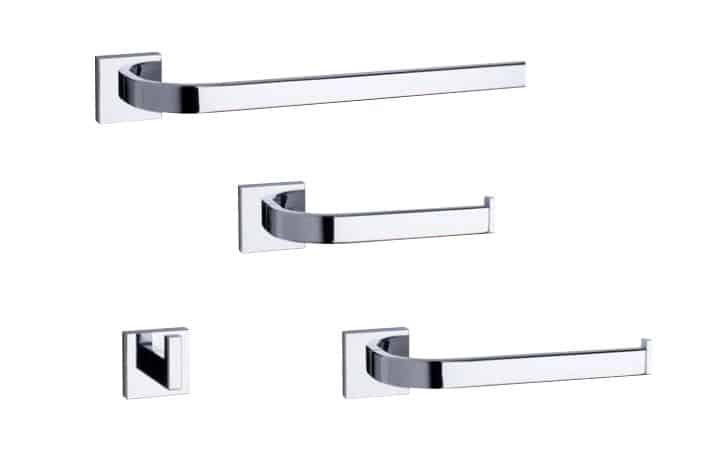 Set of modern chrome bathroom accessories by Prima Decorative Hardware, including a zinc die cast towel bar, toilet paper holder, robe hook, and towel ring—all with square mounting plates and a sleek minimalist design.