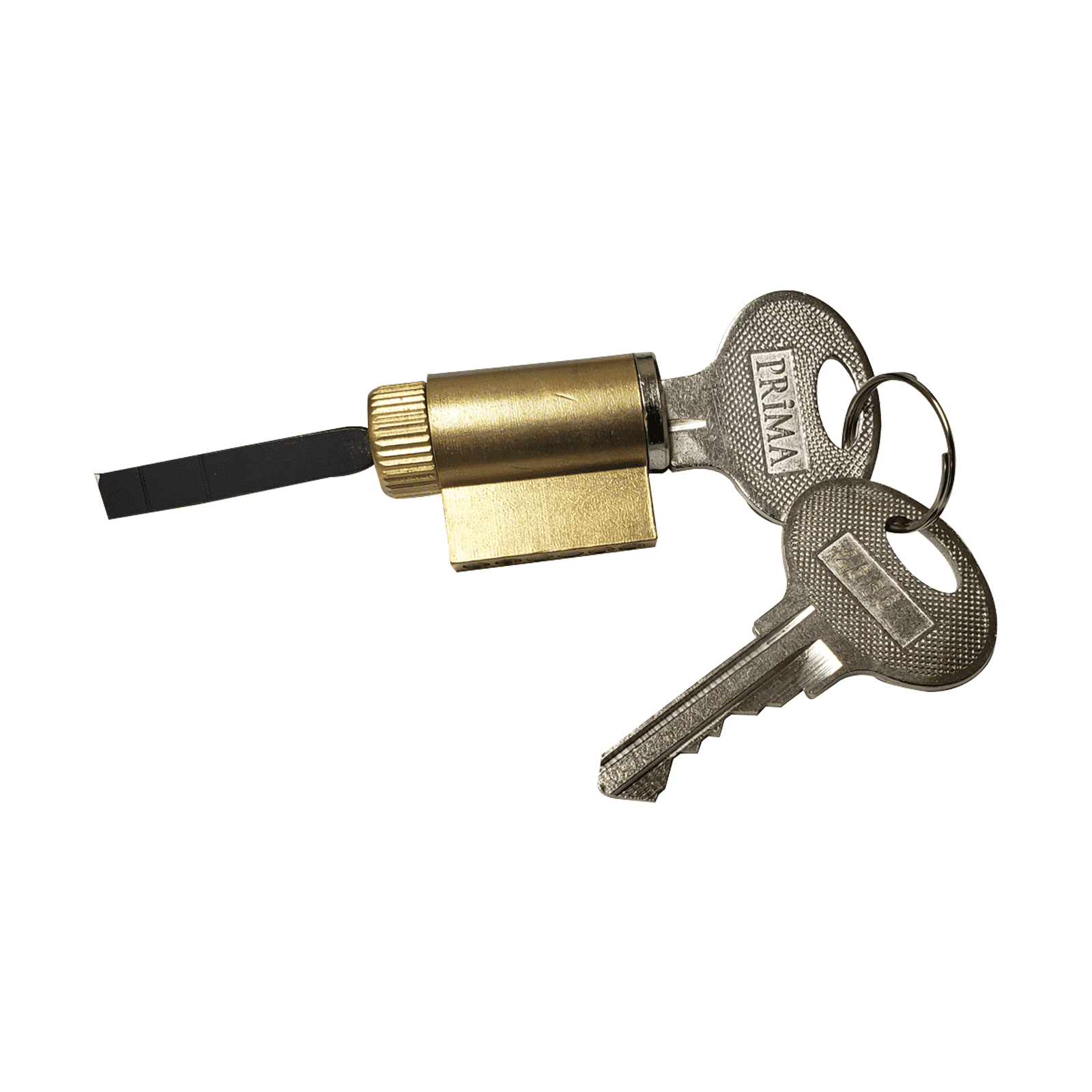 A close-up of a Prima Decorative Hardware brass lock cylinder with two silver duplicate keys on a keyring, isolated on a white background.