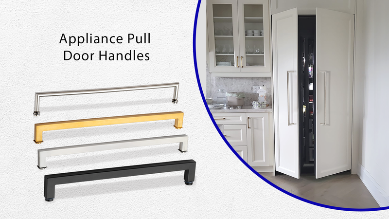 Four appliance pull door handles in silver, gold, white, and black are displayed on the left; on the right, a kitchen shows tall double cabinet doors fitted with long, silver pull handles and slightly opened to reveal an appliance.