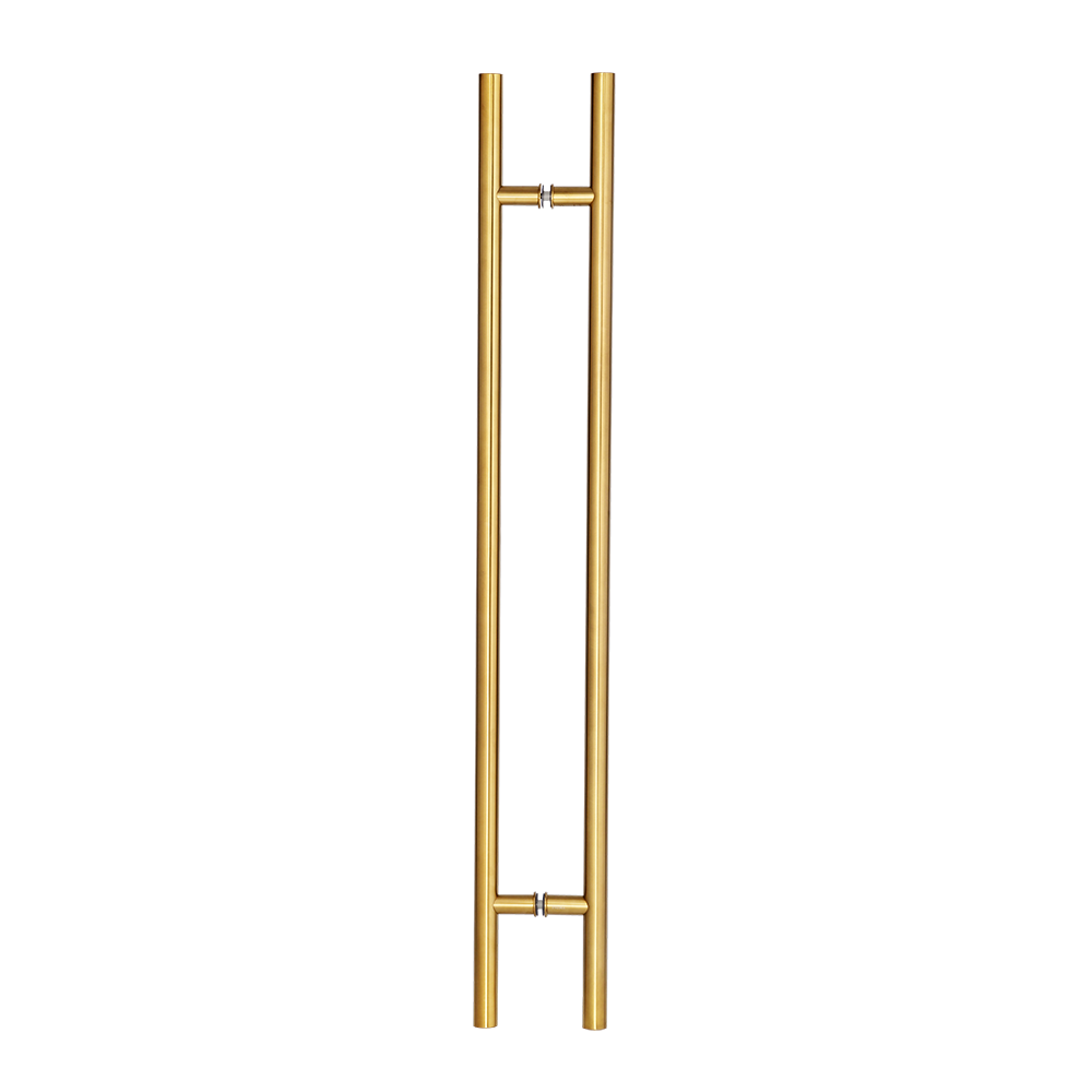 The Prima Decorative Hardware PVD gold door pull handle features two parallel vertical bars linked by two short central horizontals, all set against a white background.