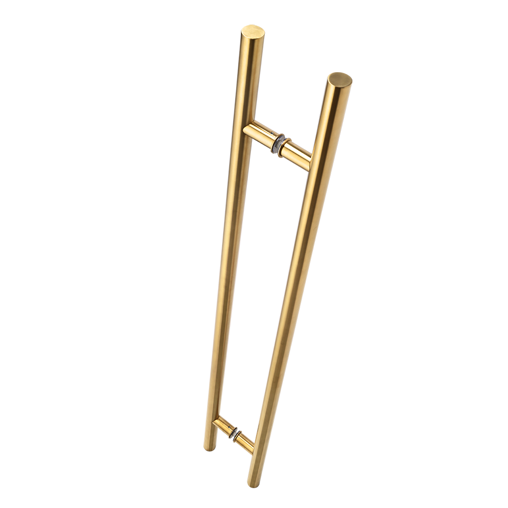 Two parallel, vertical Prima Decorative Hardware PVD gold door handles are joined by two horizontal bars. This minimalist, modern design resembles a pull handle and adds a sleek touch to contemporary interiors.