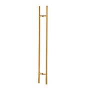 A vertical Prima Decorative Hardware PVD gold door handle with two parallel bars joined by two small horizontal supports, displayed against a white background.