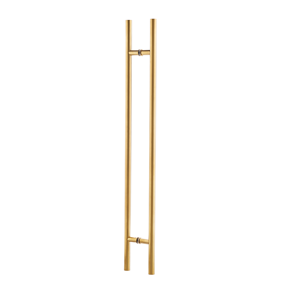 A vertical Prima Decorative Hardware PVD gold door handle with two parallel bars joined by two small horizontal supports, displayed against a white background.