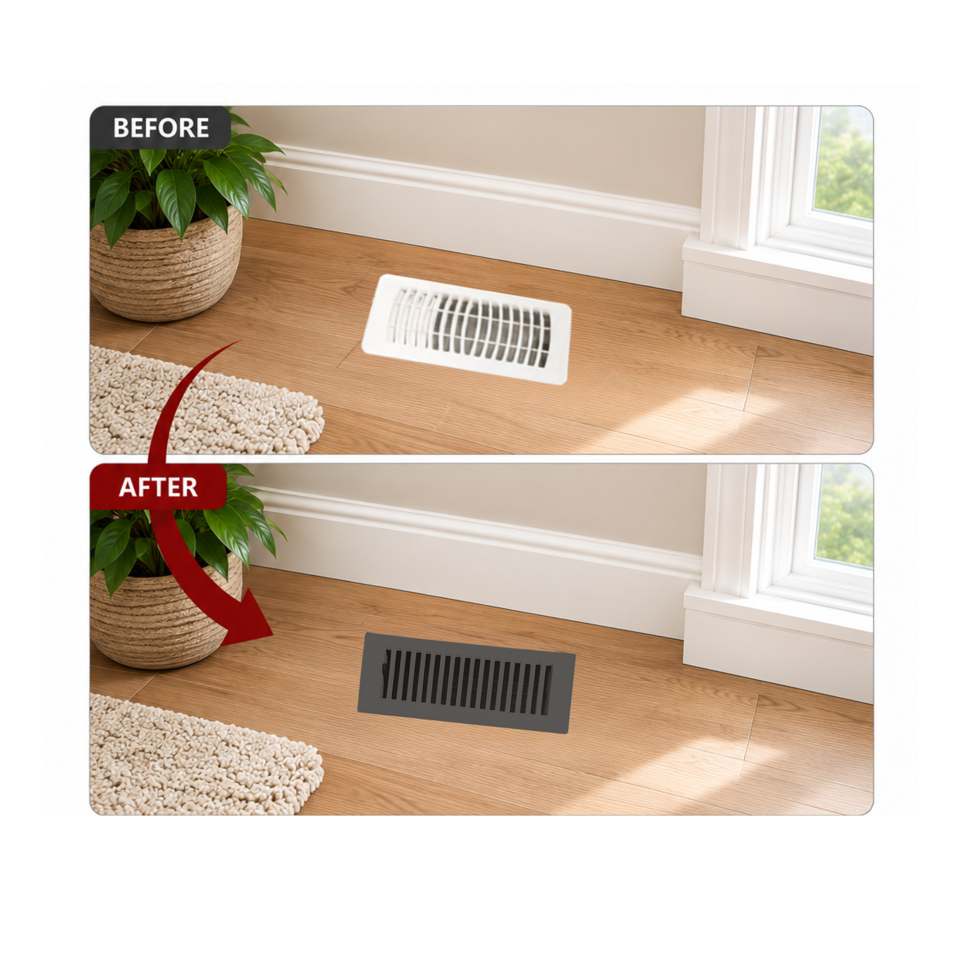Before and after comparison of a floor vent cover on a wooden floor.