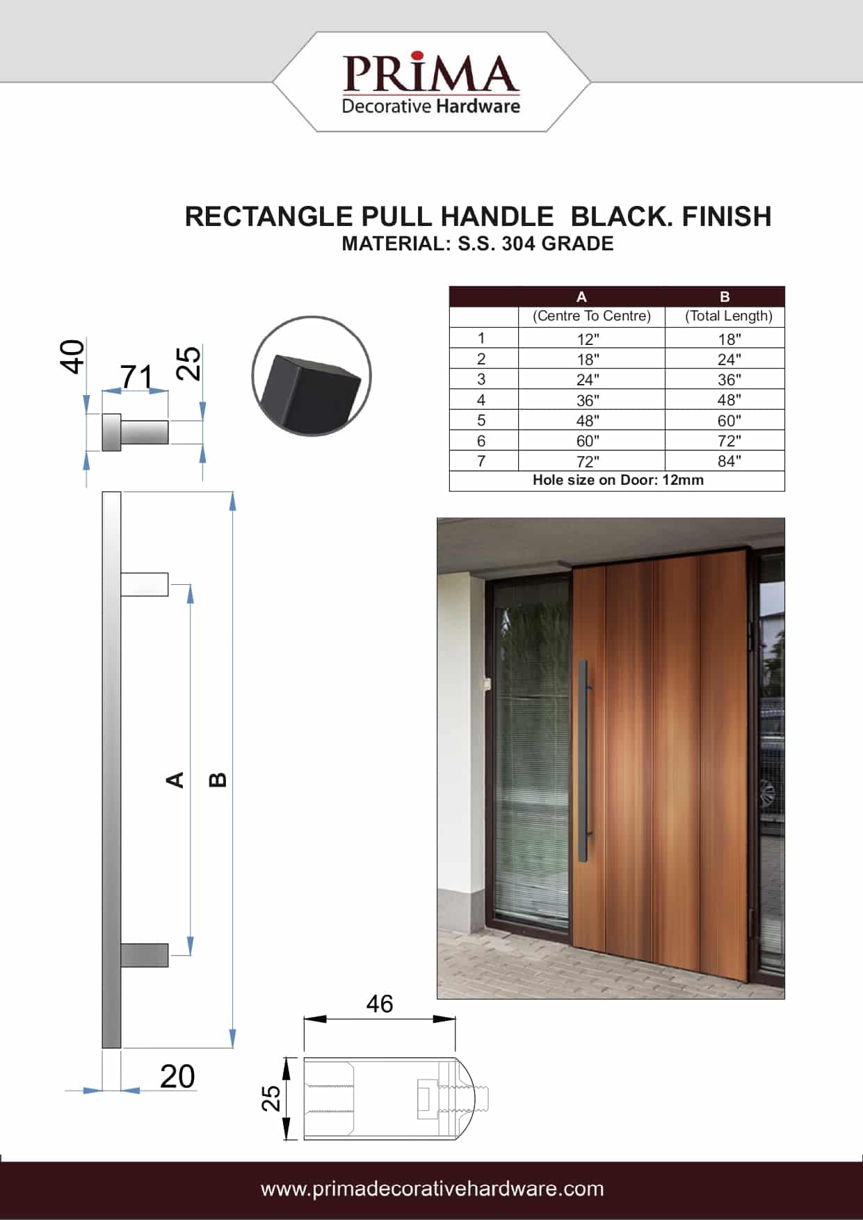 Prima Decorative Hardware black matte rectangle door handle for doors, shown installed on wood and in a side diagram. Dimensions and size chart included. Brand logo and website are displayed at the top and bottom.