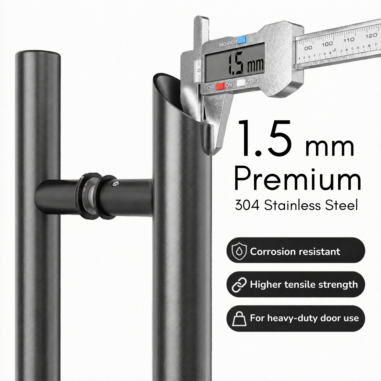 A door handle shown with a measuring 1.5 mm thickness with some features