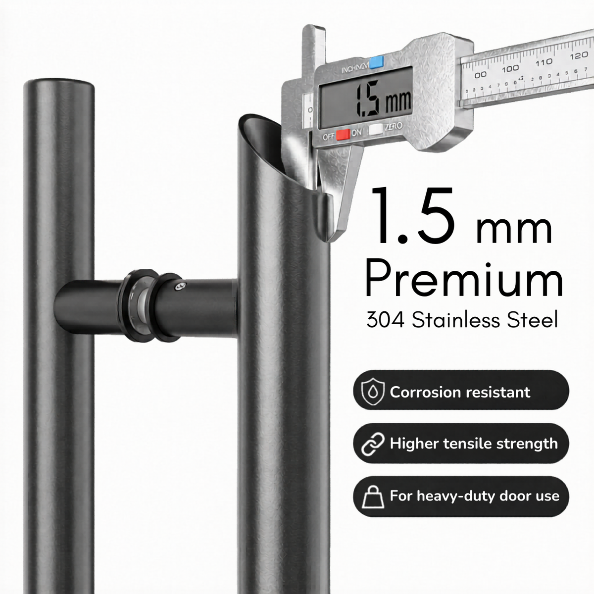  A door handle shown with a measuring 1.5 mm thickness with some features
