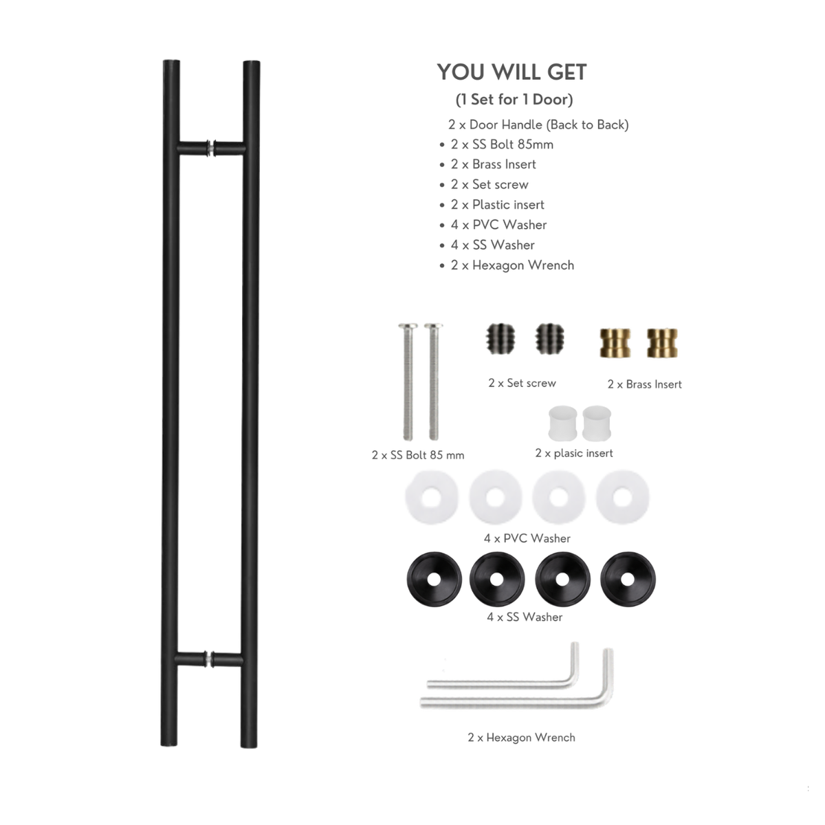 Round door pull handle with a product contents list and labels for included hardware pieces