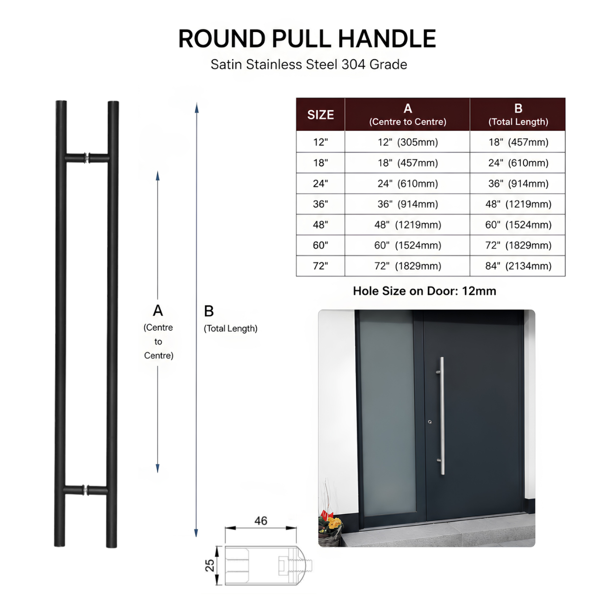 Technical specification and size chart for a black stainless steel round pull handle
