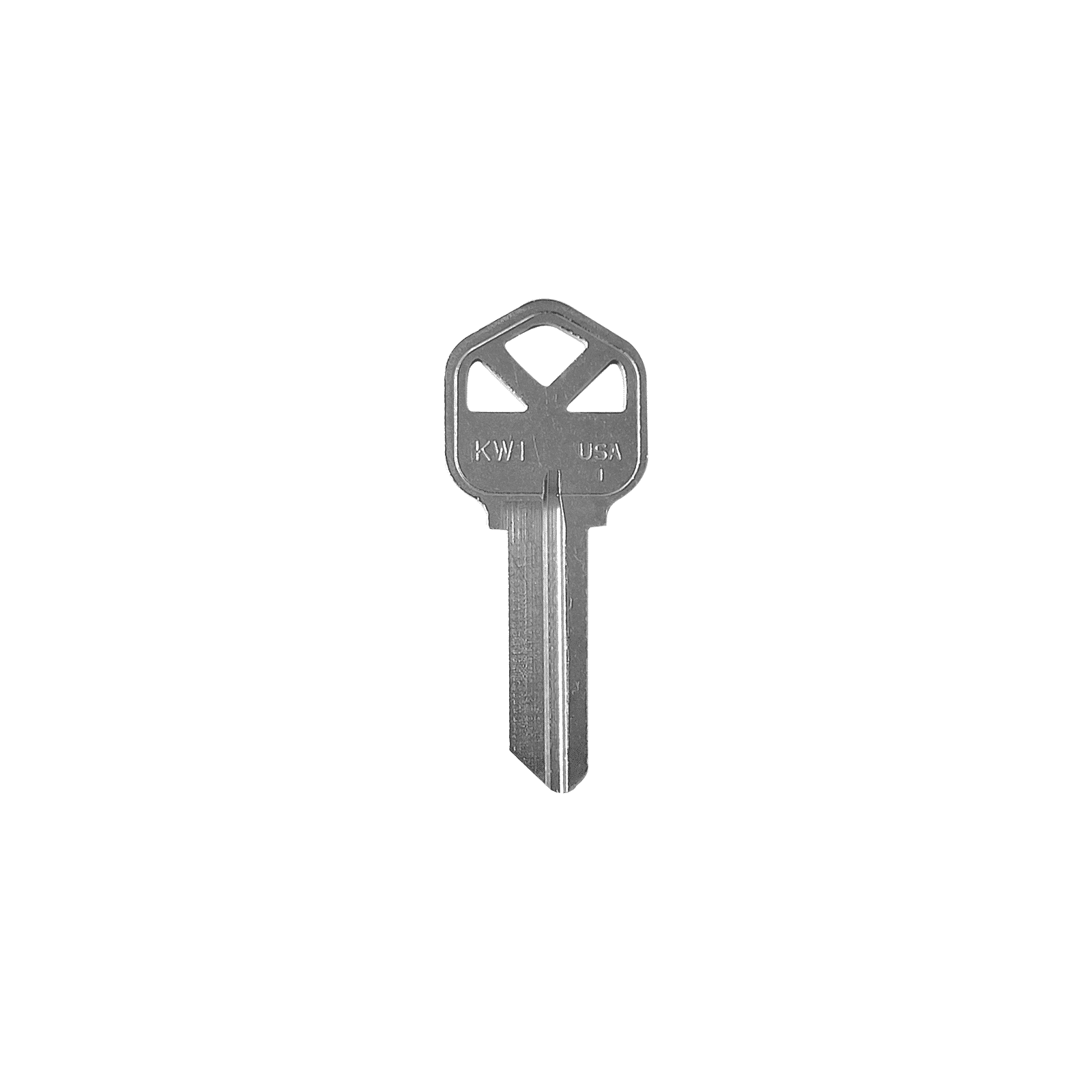 A Prima Decorative Hardware silver house key with a rectangular head and triangular cutouts is shown vertically against a white background, satin nickel finish, notched blade pointing downward.