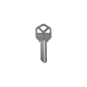 An uncut Prima Decorative Hardware silver house key blank (KW1, USA) features a rectangular head with two diagonal cutouts, shown vertically on a white background—perfect for making duplicate keys.