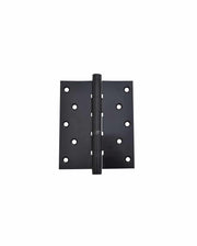 A Prima Decorative Hardware heavy duty door hinge in black matte finish, measuring 5x5 inches with six screw holes per side, is shown against a white background.