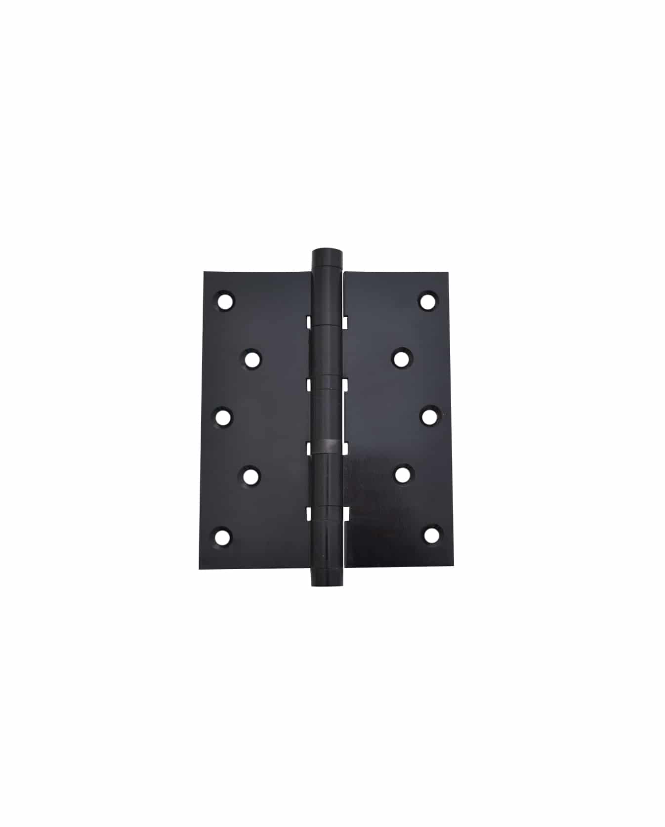 A Prima Decorative Hardware heavy-duty black metal door hinge with eight screw holes (four per side) is displayed on a white background.