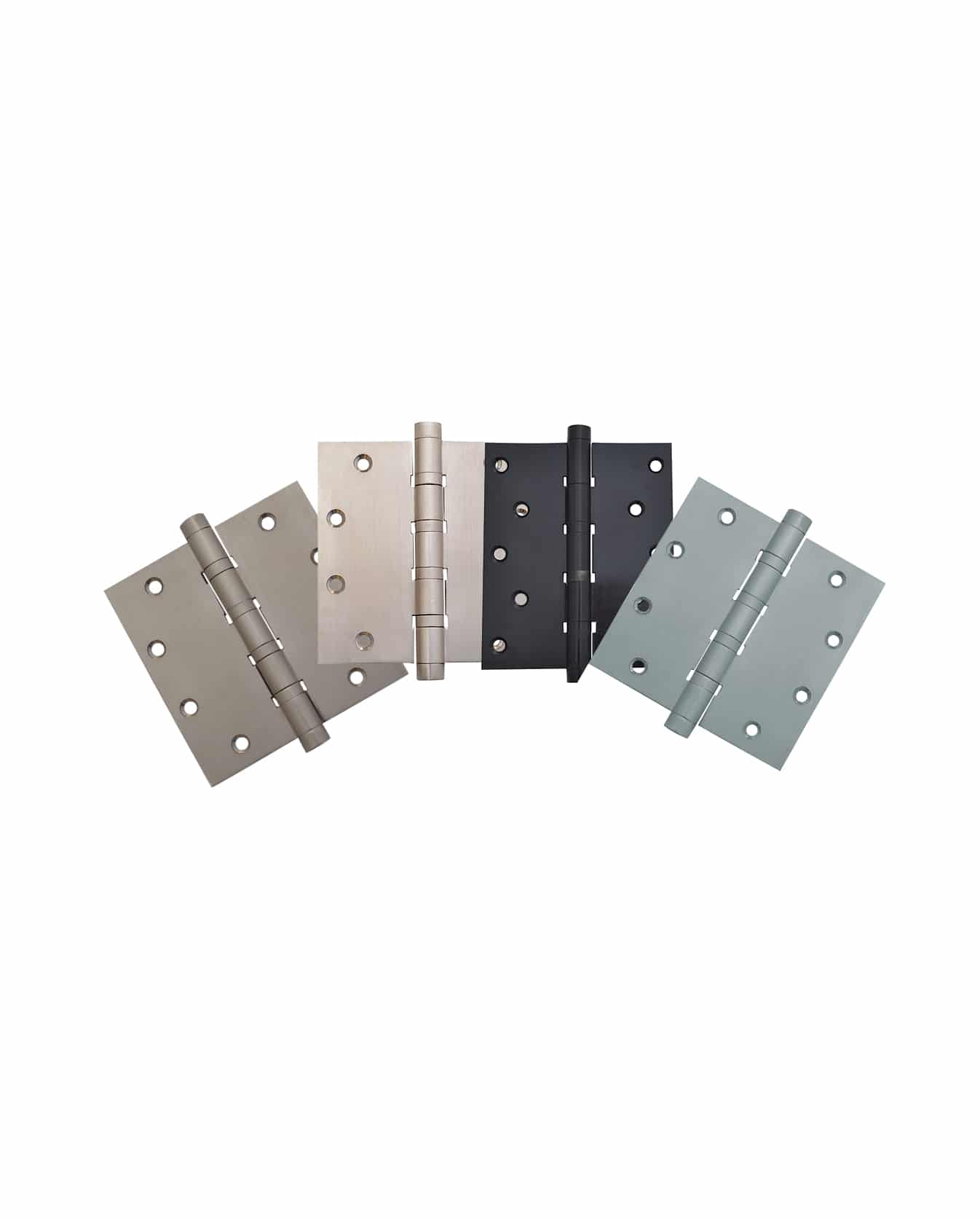 Five Prima Decorative Hardware heavy duty door hinges in various finishes—brushed nickel, satin nickel, brass, black, and matte silver—are displayed fanned out against a white background.