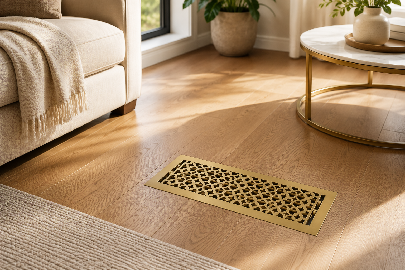  floor register brushed gold on a wooden floor in a living room setting