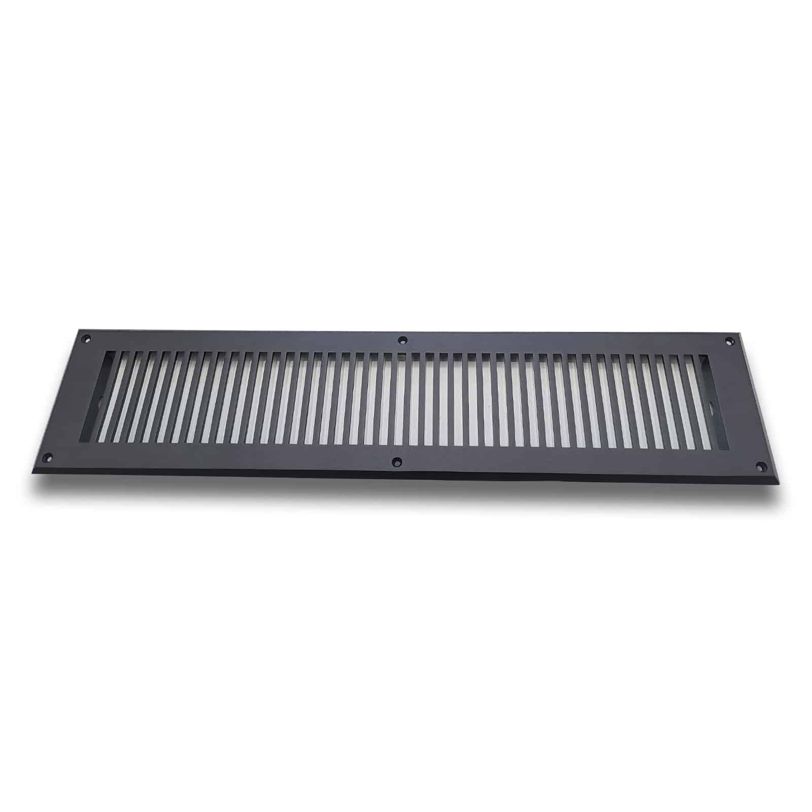 A Prima Decorative Hardware rectangular cast aluminum vent cover with parallel vertical slats and four screw holes shown on a white background.