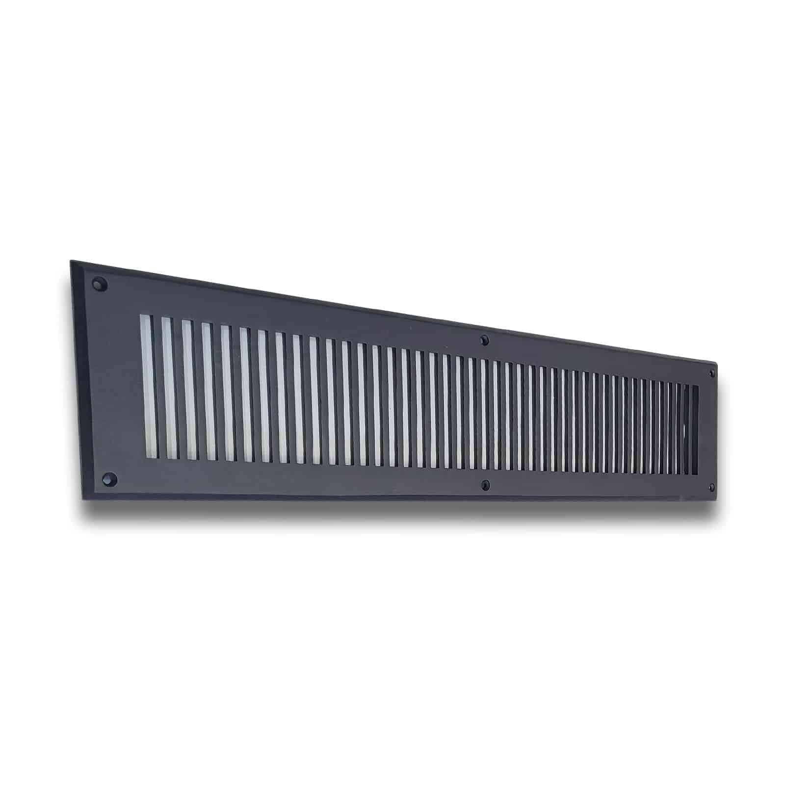 The Prima Decorative Hardware black rectangular cast aluminum vent cover features vertical slats and corner screw holes, shown mounted at an angle on a white background.