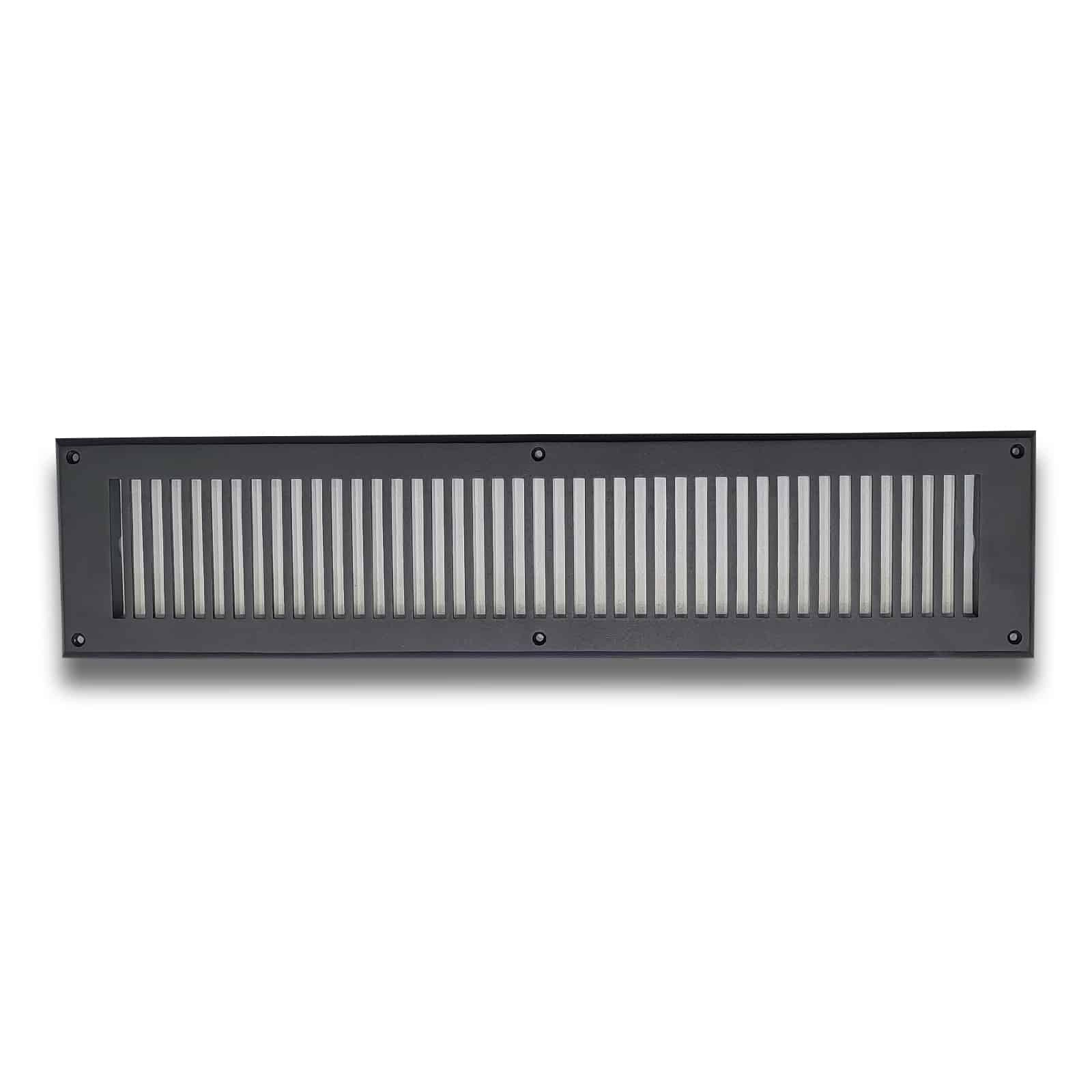 A Prima Decorative Hardware rectangular black cast aluminum air vent cover with evenly spaced vertical slats is mounted on a light background.