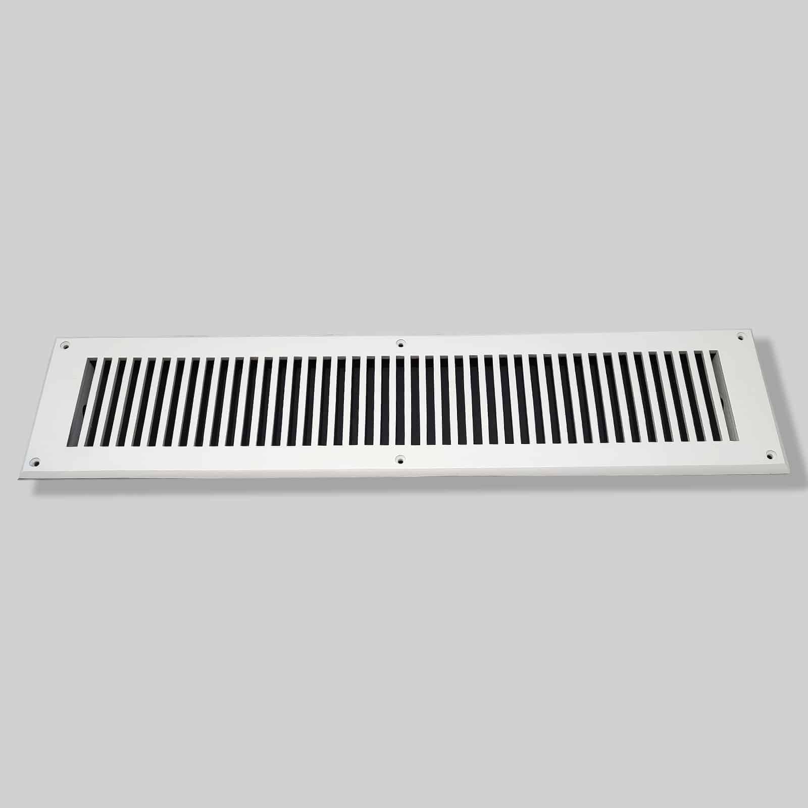 A rectangular white Prima Decorative Hardware cast aluminum air vent cover with evenly spaced vertical slats and screw holes in each corner, designed as a durable air return grill. Shown on a plain gray background.