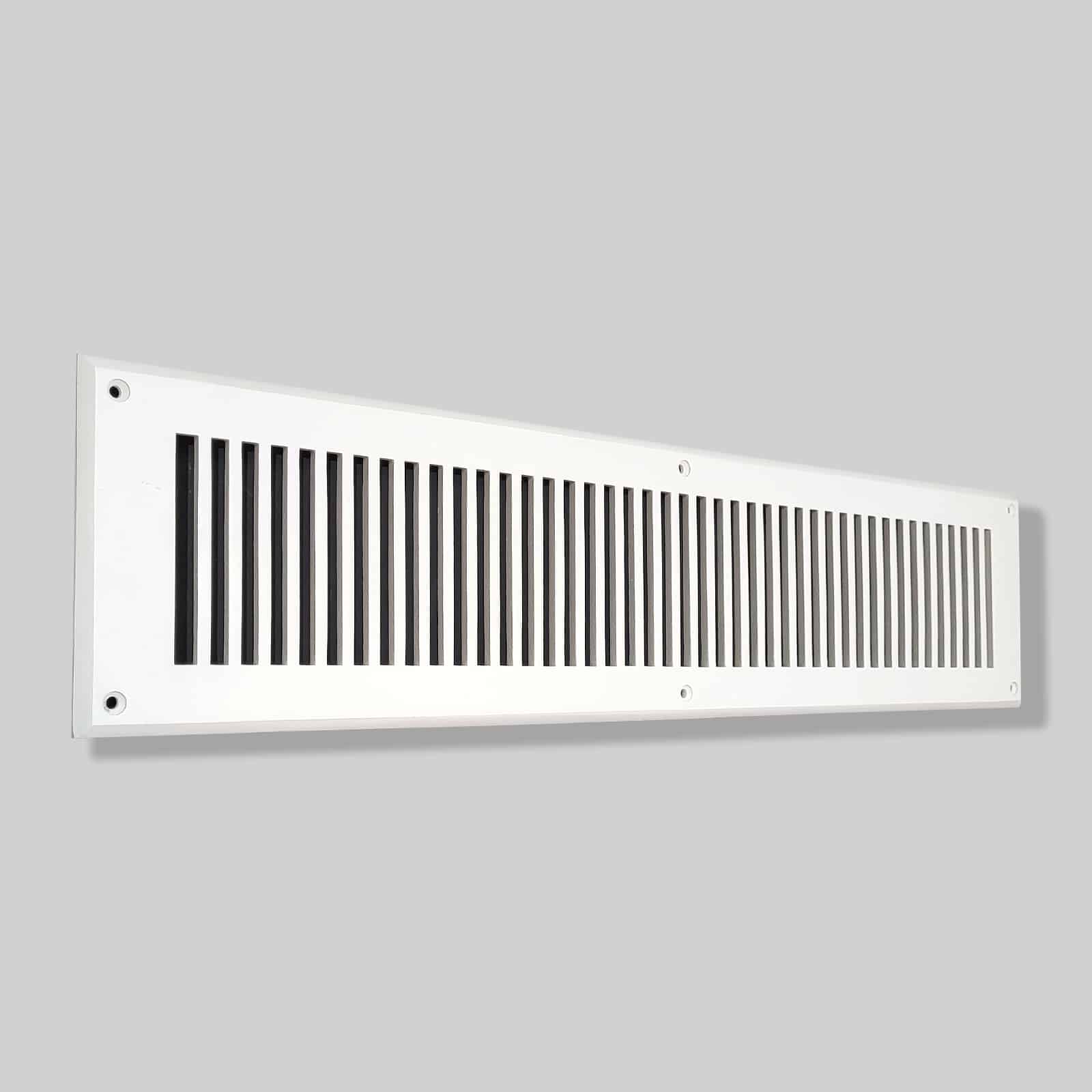 Prima Decorative Hardware’s rectangular white cast aluminum air vent cover features vertical black slats, mounts on a light gray wall, and has four corner screw holes for easy installation. This durable air return grill adds style and function.