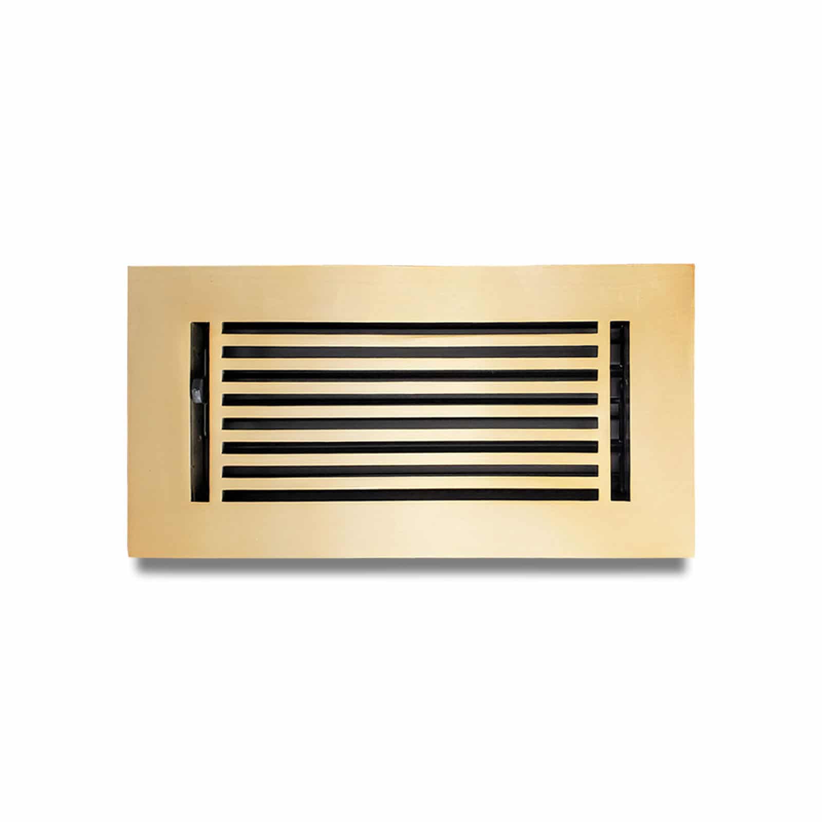 Floor Vent Cover / Register Size: 4” x 10” with Damper top faceplate outer size 6″ x 12”, thickness 5 mm, high-quality metal – cast aluminum brushed gold powder coated Re-paintable for floors, walls, and ceilings – Modern Linear Design (VR 109)