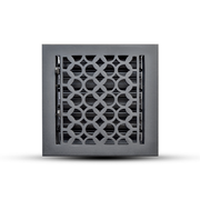 Prima Decorative Hardware black cast aluminum floor vent cover features a geometric lattice pattern and Tudor Mushroom design. Shown on white background, this durable register suits wall or floor installation.