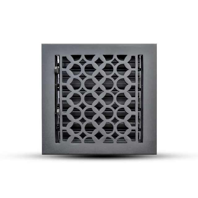 Prima Decorative Hardware black cast aluminum floor vent cover features a geometric lattice pattern and Tudor Mushroom design. Shown on white background, this durable register suits wall or floor installation.