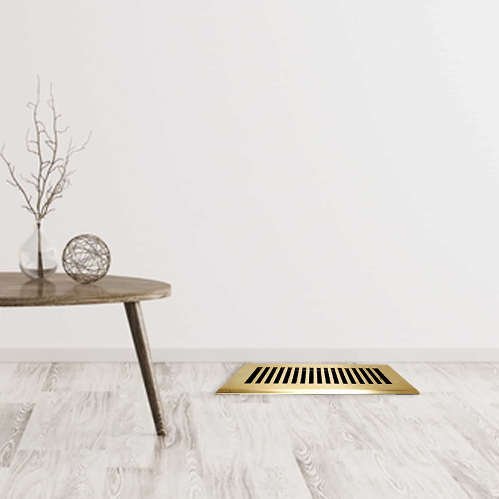 Floor Vent Cover / Register Size: 4” x 10” with Damper top faceplate outer size 6″ x 12″, thickness 5 mm, high-quality metal – cast aluminum brushed gold powder coated Re-paintable for floors, walls, and ceilings – Modern and Contemporary Design (VR 102)