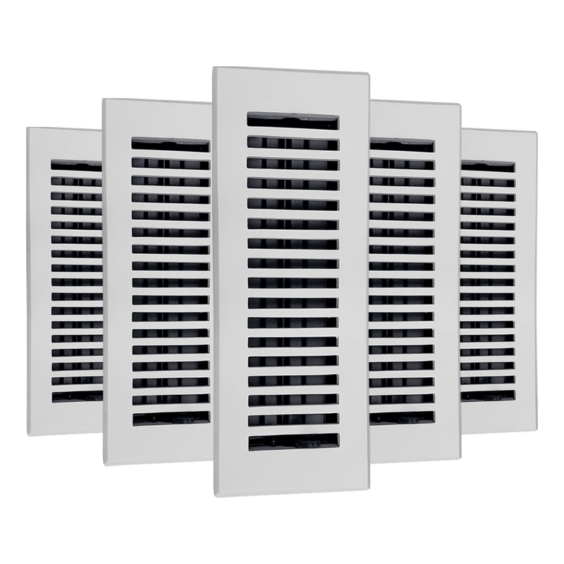 Four Prima Decorative Hardware rectangular white vent covers with horizontal slats are displayed in a fanned arrangement. Their clean, modern design against a plain background makes them ideal as stylish floor registers.