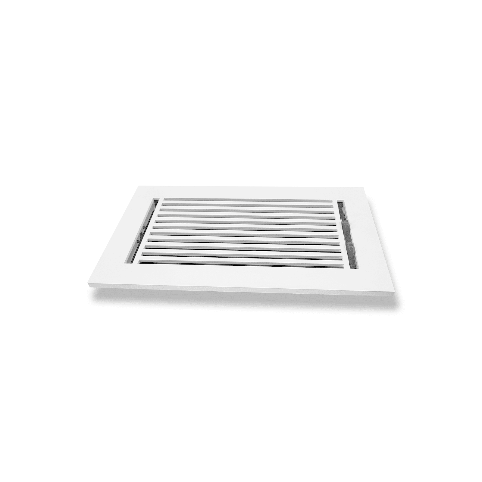 A Prima Decorative Hardware white rectangular cast aluminum vent cover with horizontal slats, shown against a plain white background.
