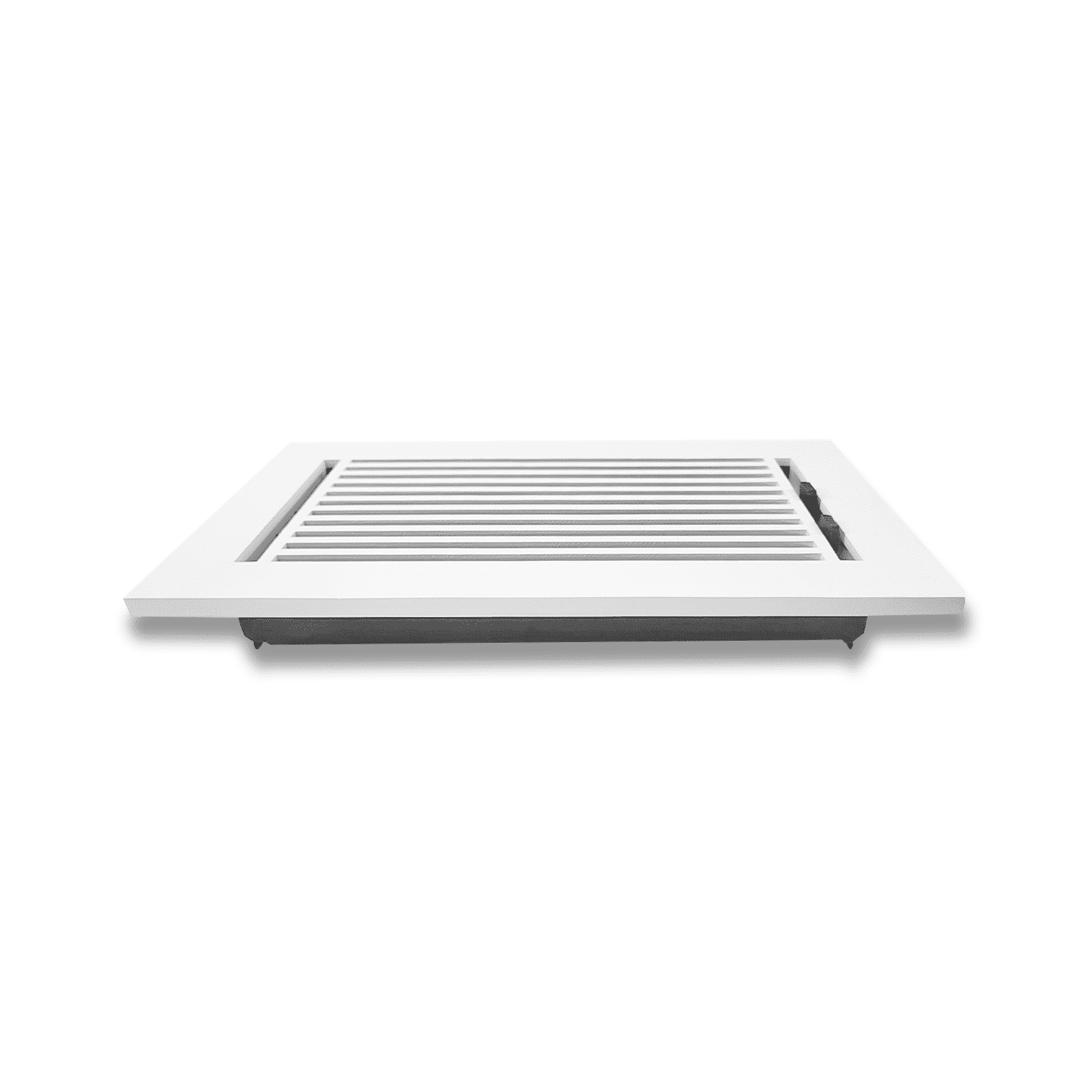 The Prima Decorative Hardware white rectangular linear floor register features horizontal slats and a modern design, making it a stylish addition to any space.