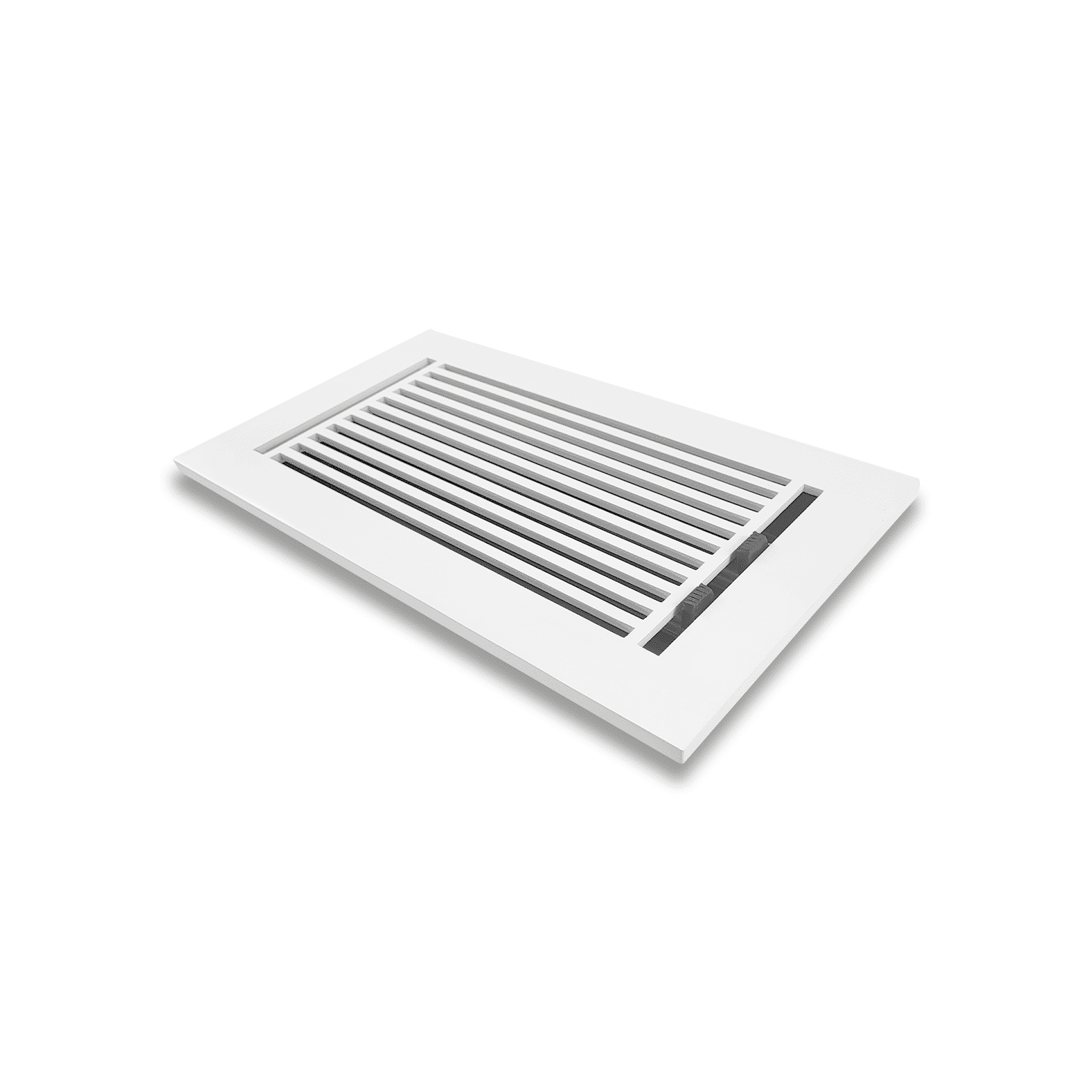 A rectangular white floor register by Prima Decorative Hardware with parallel slats, displayed at an angle on a white background.