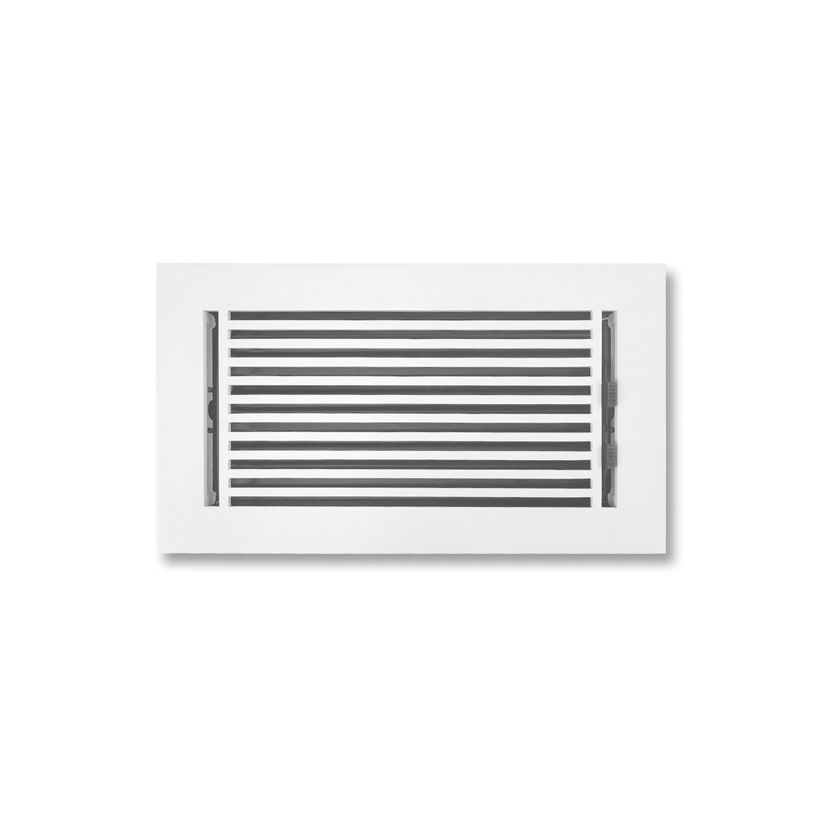 The Prima Decorative Hardware rectangular white cast aluminum vent cover features horizontal black slats, creating a modern floor register that stands out against a plain white background.