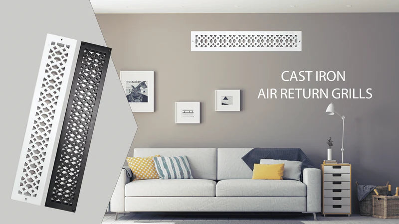 Living room with a light gray sofa, wall decor, and a standing lamp. A white cast iron air return grill is installed on the wall. Inset shows black and white grills. Text reads, Cast Iron Air Return Grills.
