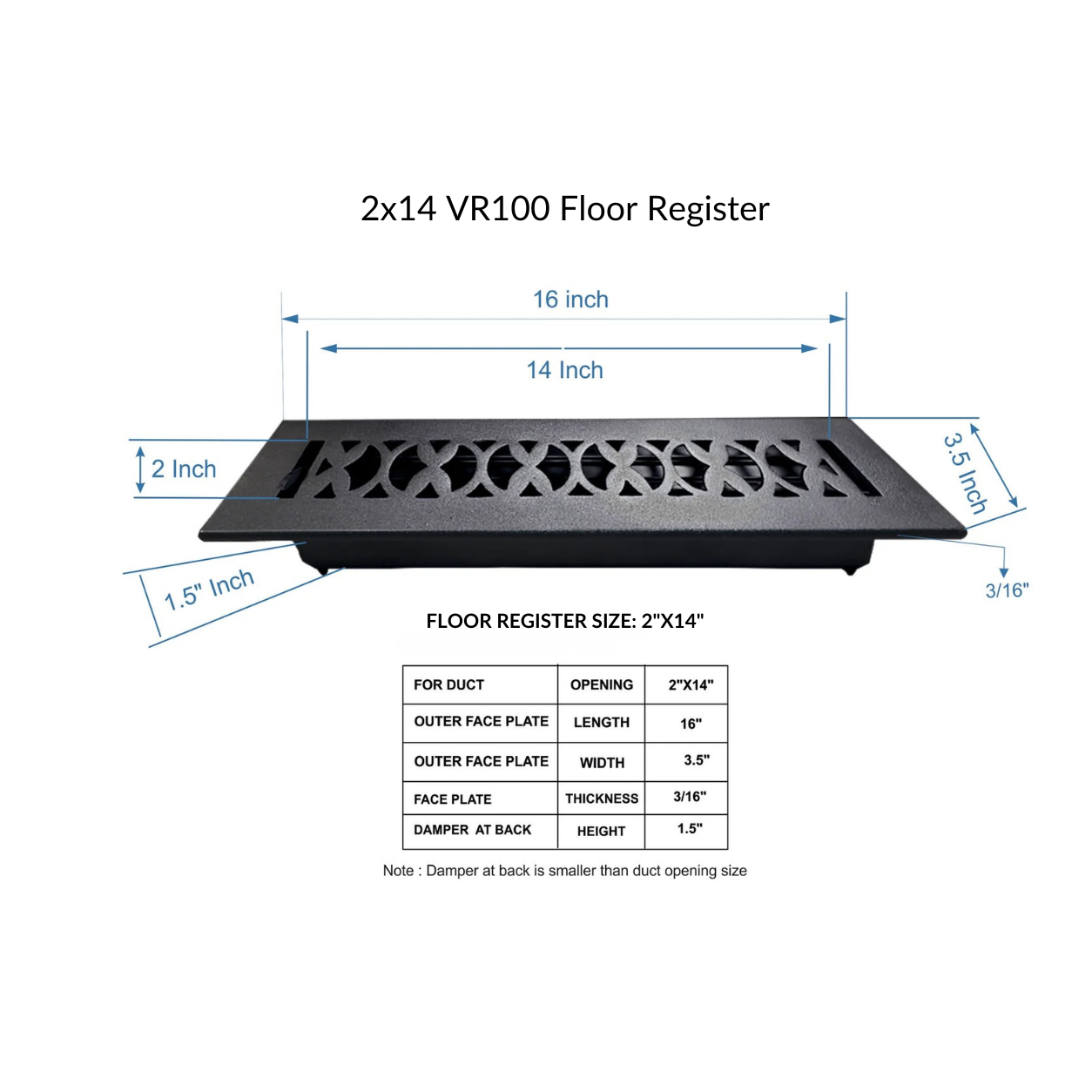 Cast Iron Floor Register 2" x 14” with Damper, Tudor Mushroom Design Vent Cover VR100
