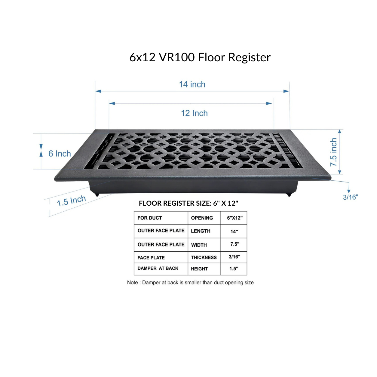 Cast Iron Floor Register 6" x 12” with Damper, Tudor Mushroom Design Vent Cover VR100