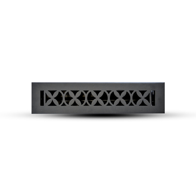 Prima Decorative Hardware rectangular black cast aluminum floor vent cover features a repeating geometric overlapping circle pattern inspired by Tudor mushroom design, adding stylish durability to your floor registers.