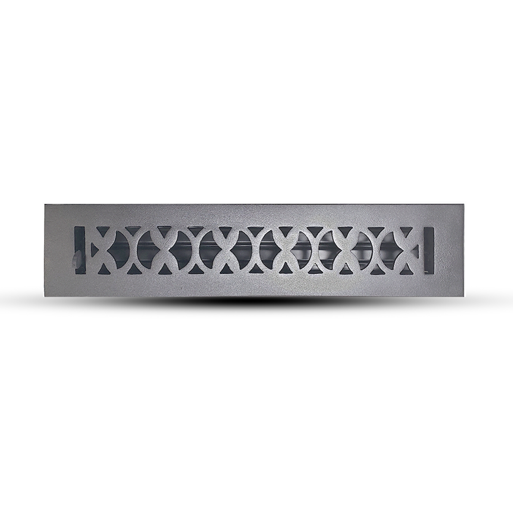 A Prima Decorative Hardware cast aluminum vent cover with a repeating X and O pattern, shown on a white background—perfect as a stylish air return grill or for upgrading floor registers.