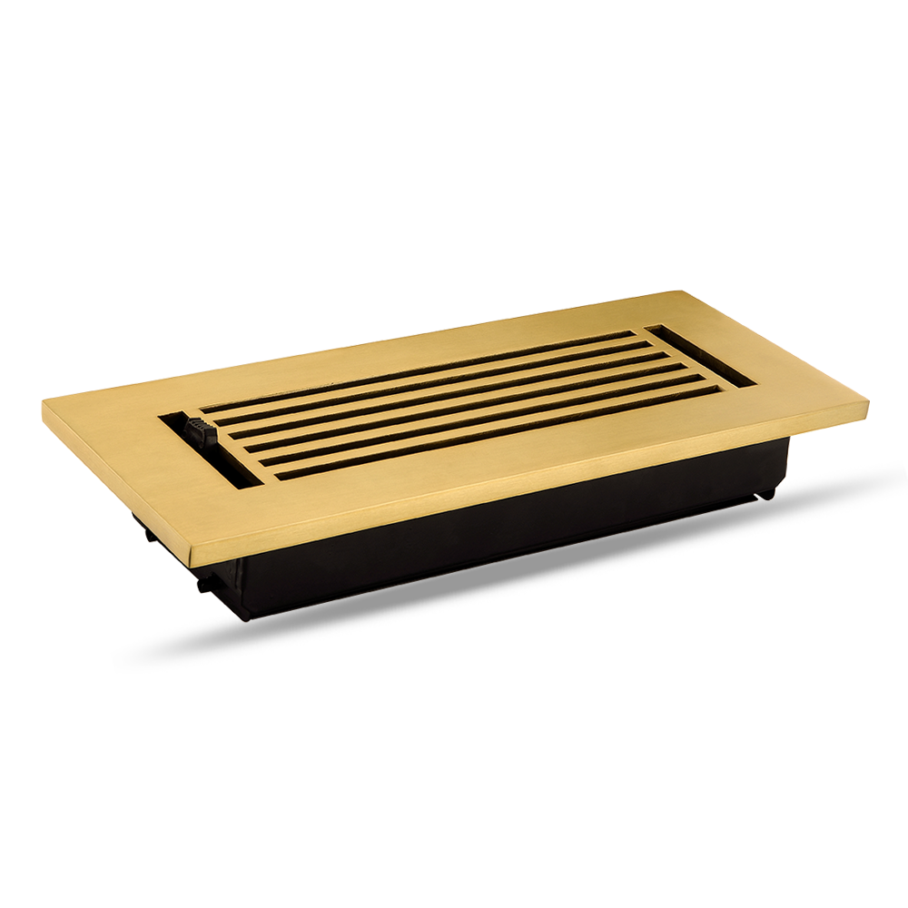Floor Vent Cover / Register Size: 3” x 10” with Damper top faceplate outer size 12″x5″, thickness 5 mm, high-quality metal - cast aluminum brushed gold powder coated Re-paintable for floors, walls, and ceilings - Modern Linear  Design (VR 109)