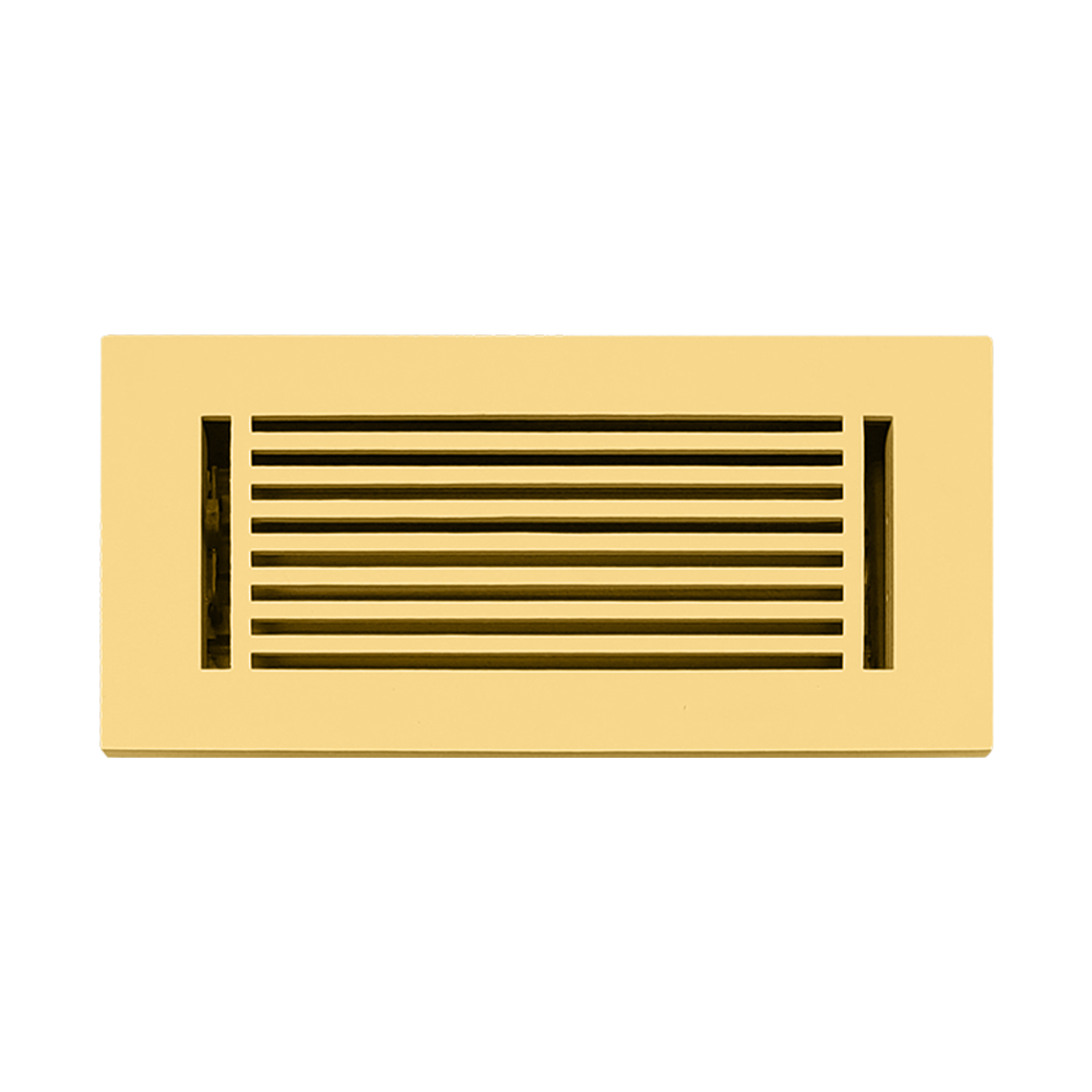 Floor Vent Cover / Register Size: 3” x 10” with Damper top faceplate outer size 12″x5″, thickness 5 mm, high-quality metal - cast aluminum brushed gold powder coated Re-paintable for floors, walls, and ceilings - Modern Linear  Design (VR 109)
